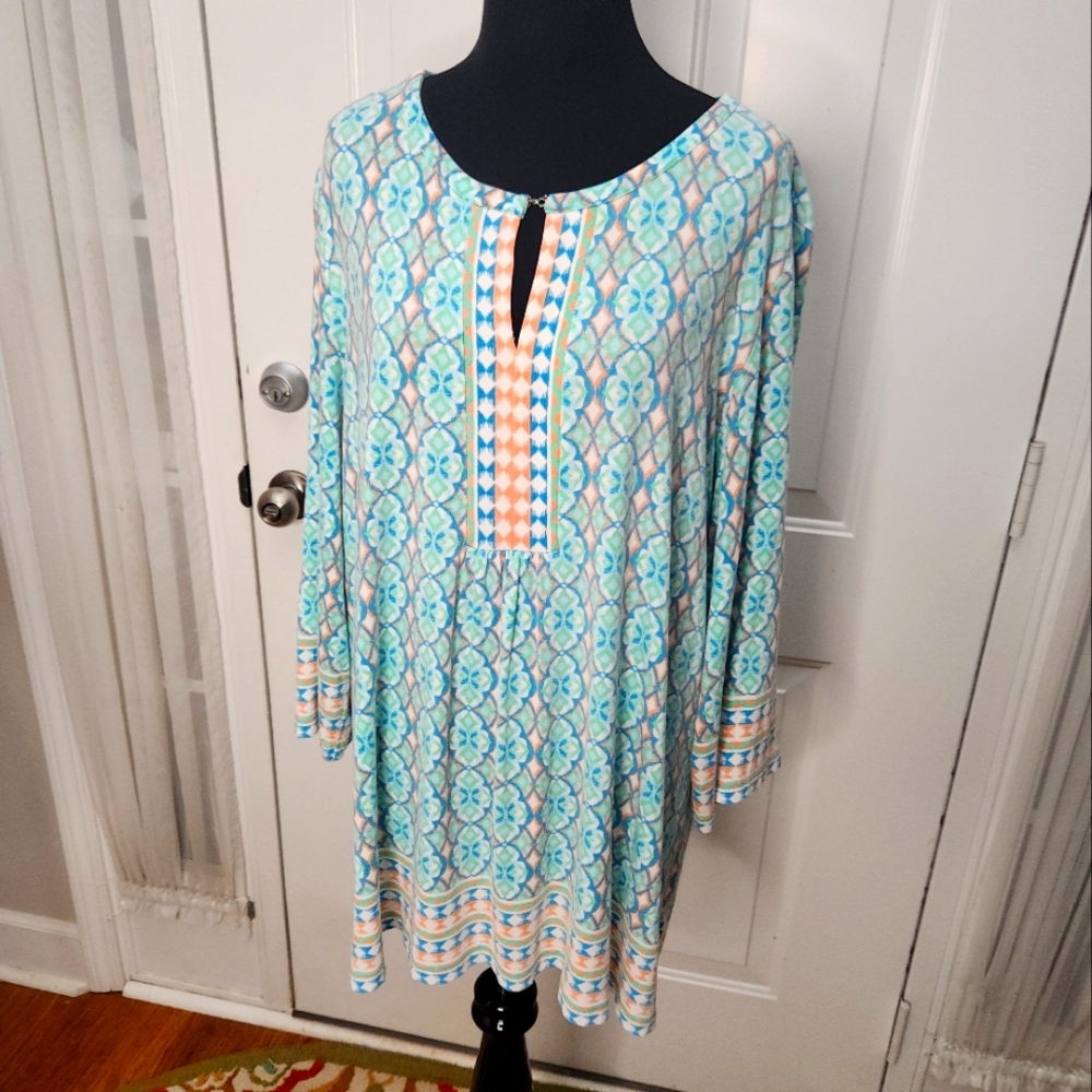 Ruby Rd. Pastels Peach Blue and Turquoise Loooong Tunic Top Size Plus 1X